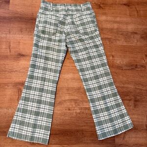 Green and White Plaid Flared Pants